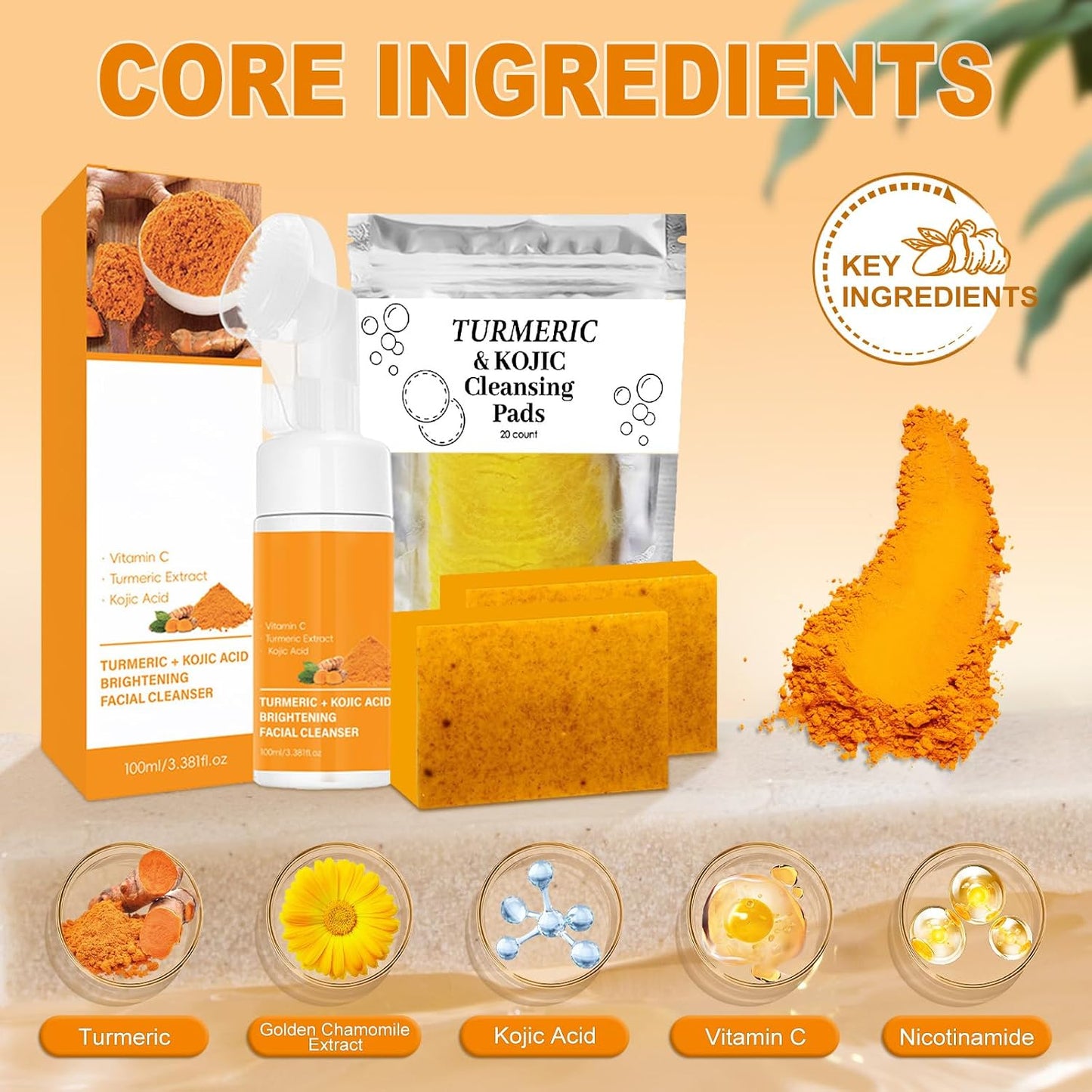 Turmeric Wash and Care 4 Piece Set,Turmeric Skincare Set: Turmeric Facial Cleanser,Cleansing Pad,Soap Bar & Essential Oil, Deep Cleansing for Face & Body