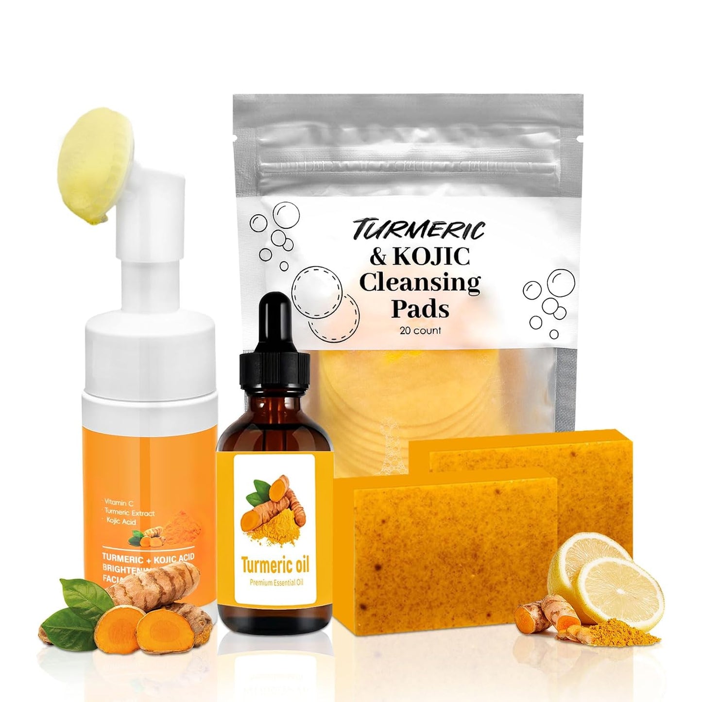 Turmeric Wash and Care 4 Piece Set,Turmeric Skincare Set: Turmeric Facial Cleanser,Cleansing Pad,Soap Bar & Essential Oil, Deep Cleansing for Face & Body