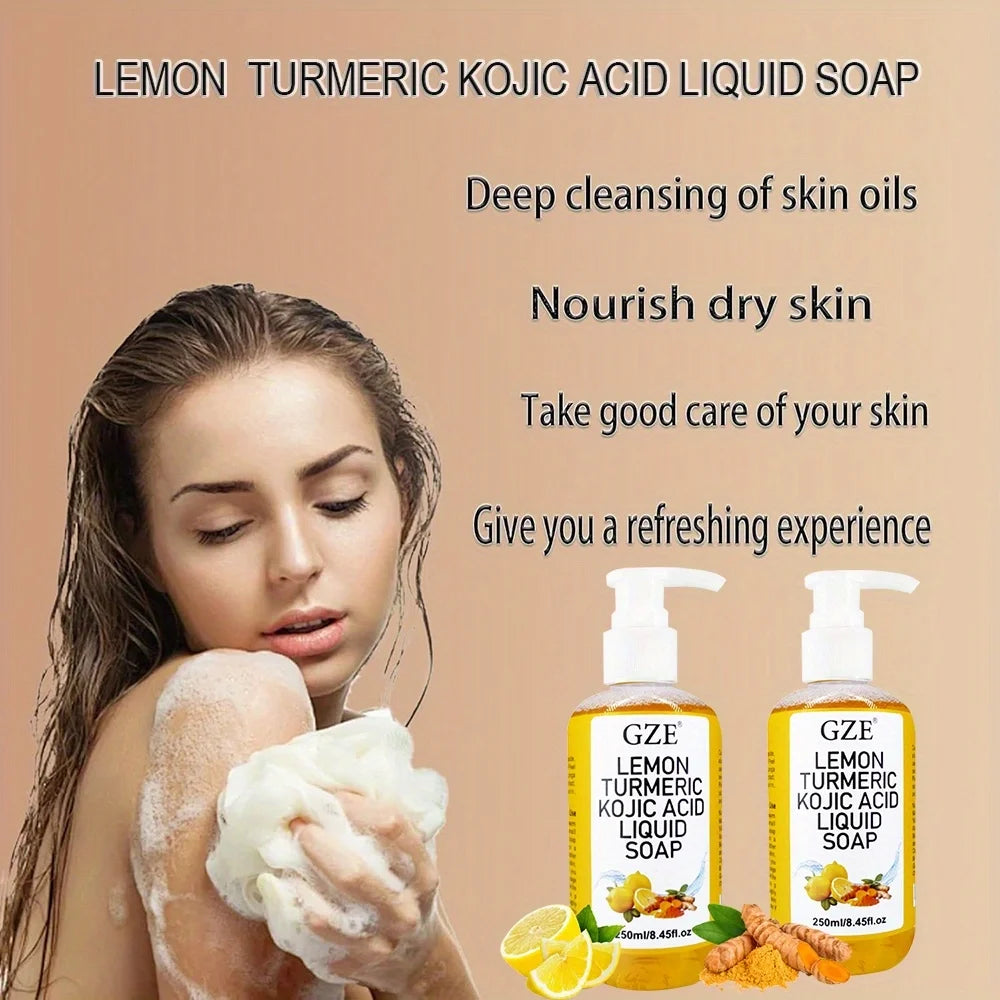 Glow Lemon Turmeric Kojic Acid Liquid Soap - Gentle Exfoliating, Brightening, and Nourishing Skin Cleanser with Turmeric