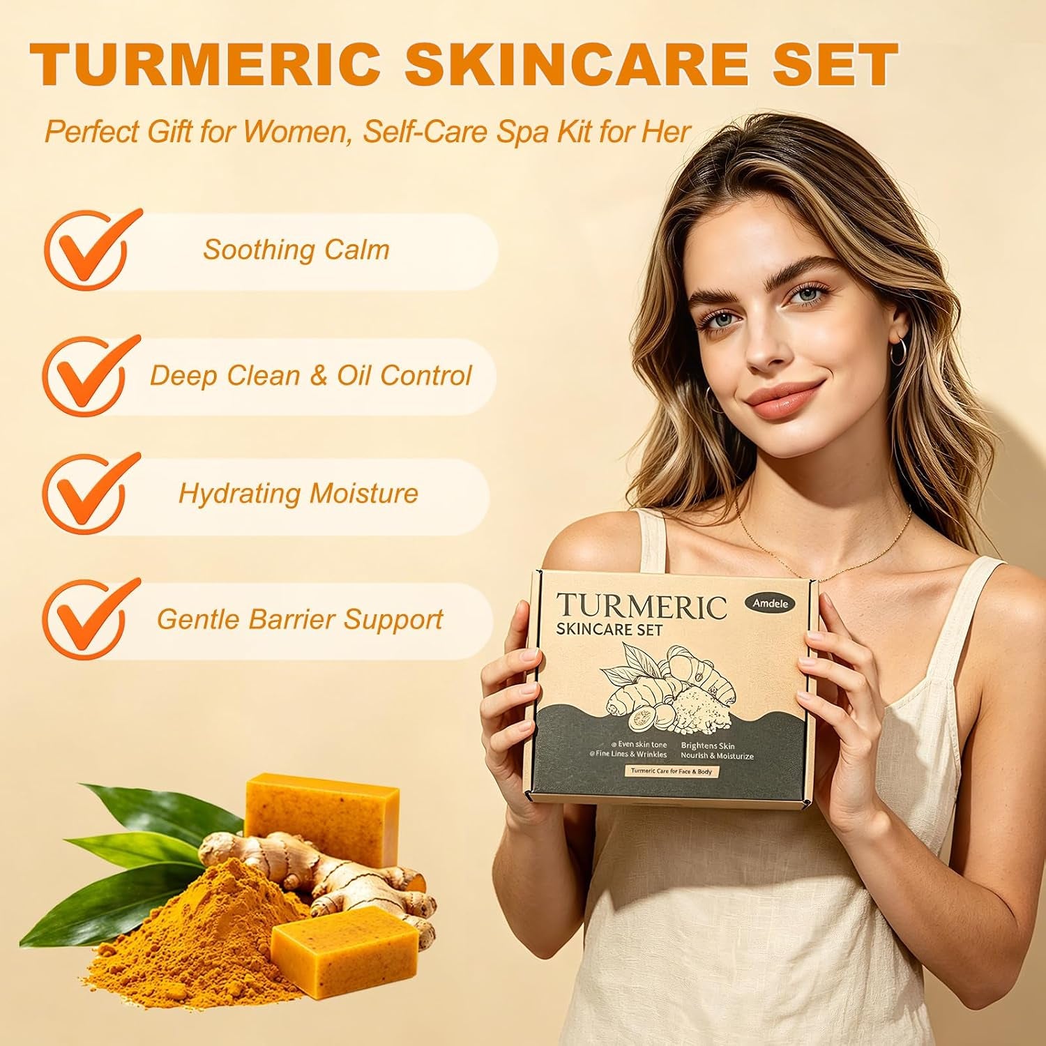 Turmeric Wash and Care 4 Piece Set,Turmeric Skincare Set: Turmeric Facial Cleanser,Cleansing Pad,Soap Bar & Essential Oil, Deep Cleansing for Face & Body