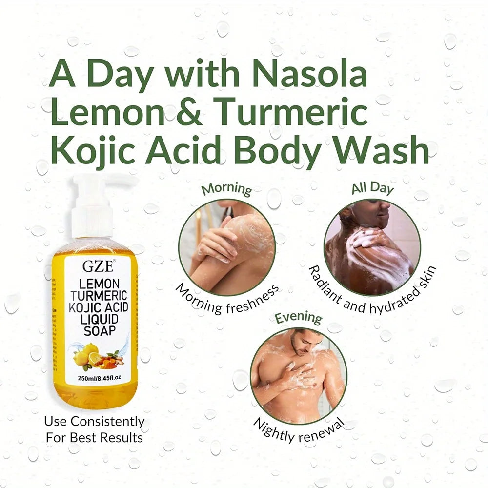Glow Lemon Turmeric Kojic Acid Liquid Soap - Gentle Exfoliating, Brightening, and Nourishing Skin Cleanser with Turmeric
