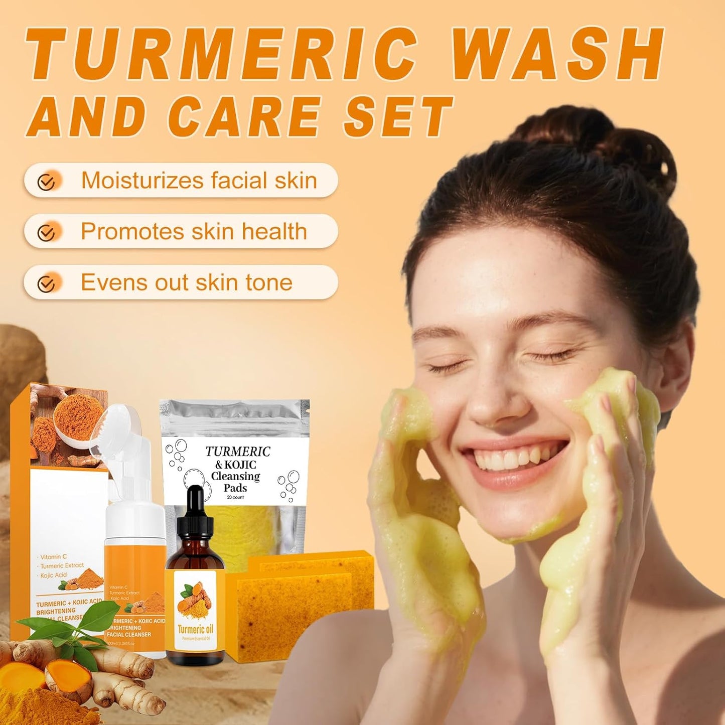 Turmeric Wash and Care 4 Piece Set,Turmeric Skincare Set: Turmeric Facial Cleanser,Cleansing Pad,Soap Bar & Essential Oil, Deep Cleansing for Face & Body