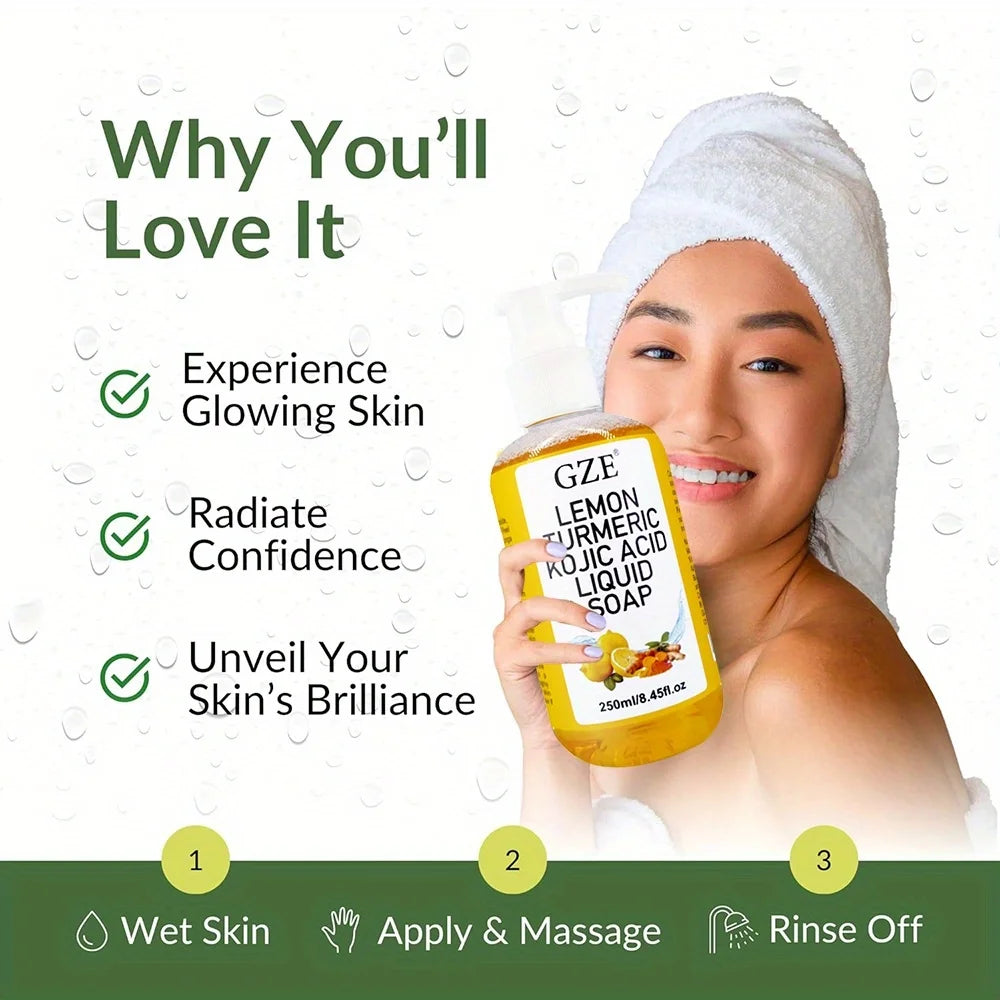 Glow Lemon Turmeric Kojic Acid Liquid Soap - Gentle Exfoliating, Brightening, and Nourishing Skin Cleanser with Turmeric