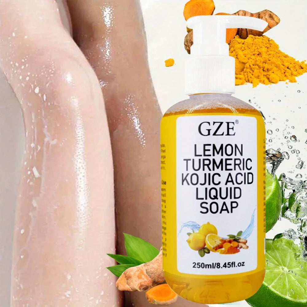 Glow Lemon Turmeric Kojic Acid Liquid Soap - Gentle Exfoliating, Brightening, and Nourishing Skin Cleanser with Turmeric