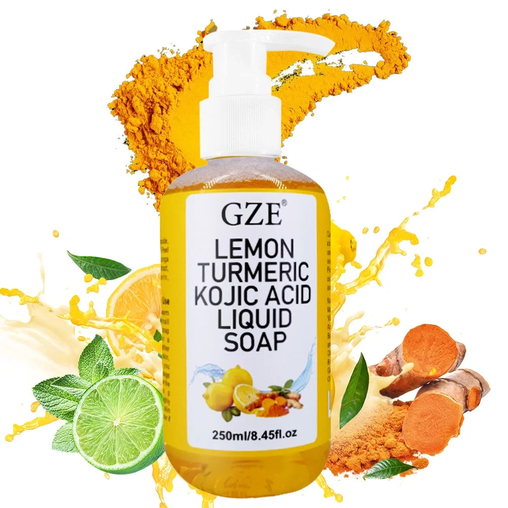 Glow Lemon Turmeric Kojic Acid Liquid Soap - Gentle Exfoliating, Brightening, and Nourishing Skin Cleanser with Turmeric